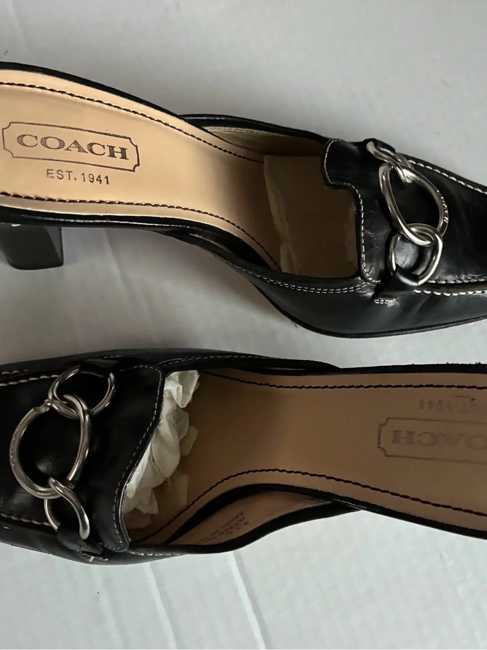 Coach Black Leather Mule Heels with Silver Chain Accent